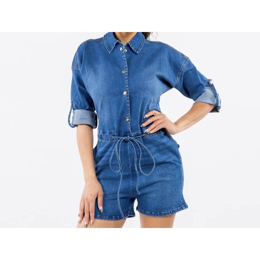 American Bazi Women's Denim Button Front Rompers AJR20510 Roll Up Long Sleeve L